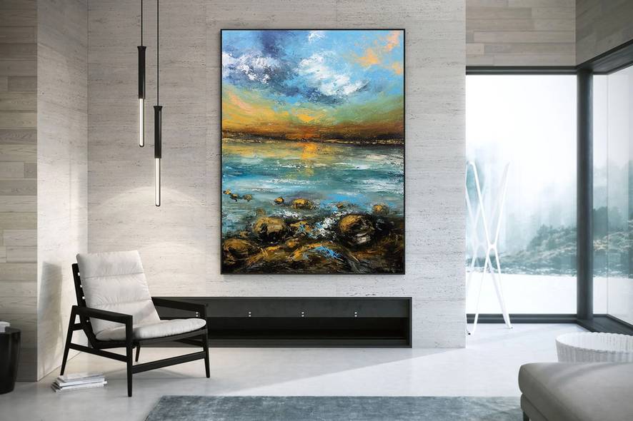 Sea Hand-painted Handmade Landscape Yellow You Abstract Canvas Artwork Z18A0